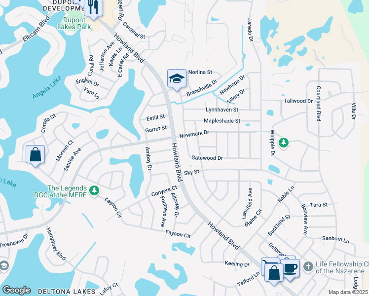 map of restaurants, bars, coffee shops, grocery stores, and more near 1756 Howland Boulevard in Deltona