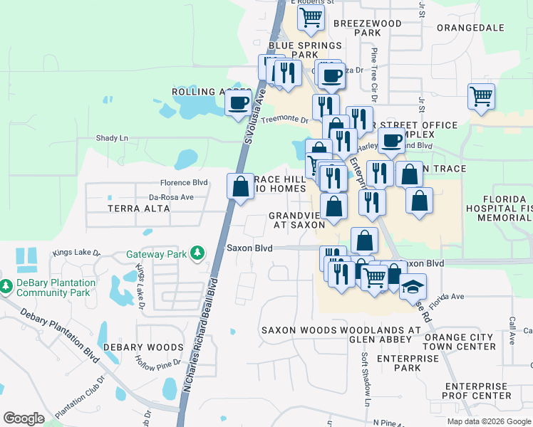 map of restaurants, bars, coffee shops, grocery stores, and more near 493 Alessandra Circle in Orange City