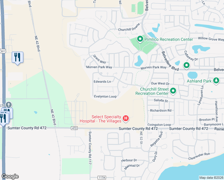 map of restaurants, bars, coffee shops, grocery stores, and more near 2686 Collington Drive in The Villages