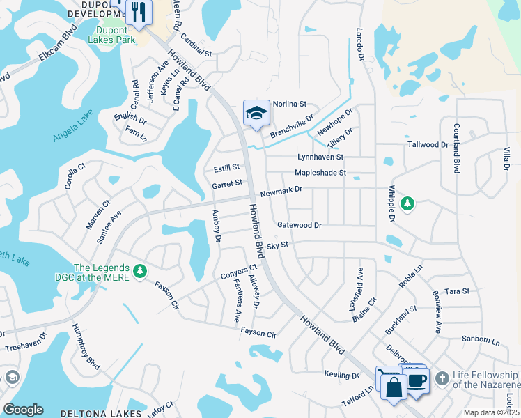 map of restaurants, bars, coffee shops, grocery stores, and more near 1756 Howland Boulevard in Deltona