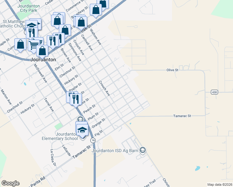 map of restaurants, bars, coffee shops, grocery stores, and more near 410 Cantrell Avenue in Jourdanton