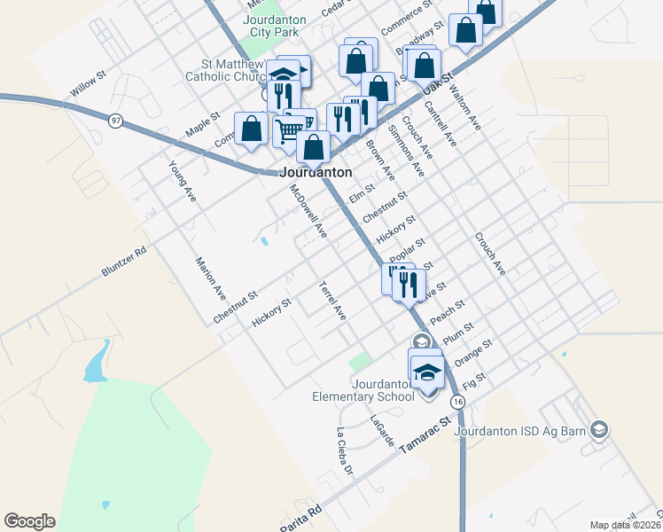 map of restaurants, bars, coffee shops, grocery stores, and more near 513 Hickory Street in Jourdanton