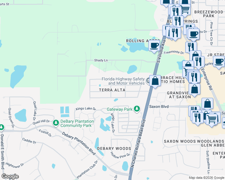 map of restaurants, bars, coffee shops, grocery stores, and more near 33 Maplehurst Avenue in DeBary