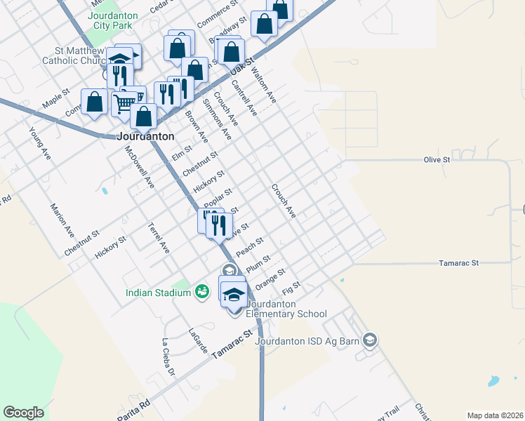 map of restaurants, bars, coffee shops, grocery stores, and more near 907 Olive Street in Jourdanton