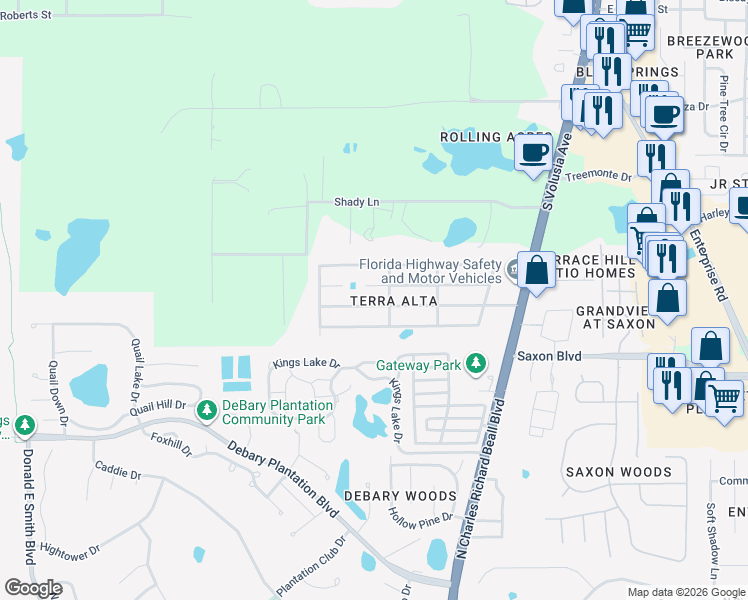 map of restaurants, bars, coffee shops, grocery stores, and more near 43 Maplehurst Avenue in DeBary
