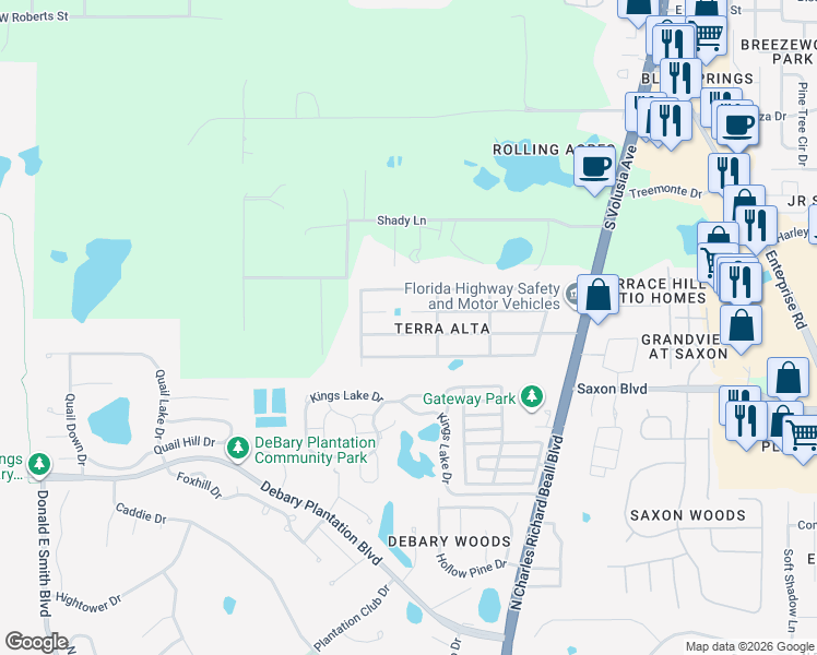 map of restaurants, bars, coffee shops, grocery stores, and more near 43 Maplehurst Avenue in DeBary