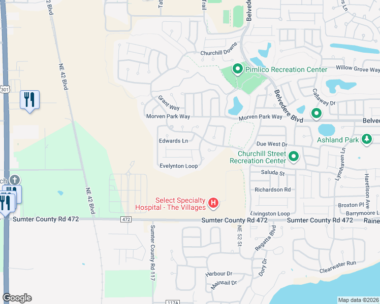 map of restaurants, bars, coffee shops, grocery stores, and more near 2686 Collington Drive in The Villages