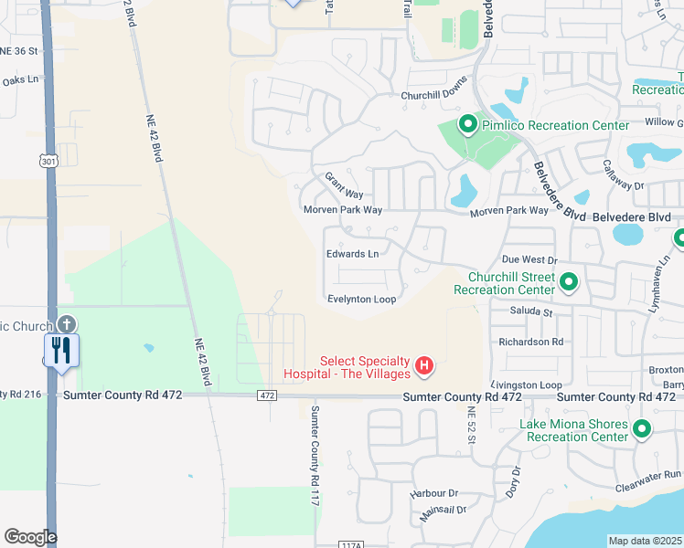 map of restaurants, bars, coffee shops, grocery stores, and more near 2744 Collington Drive in The Villages