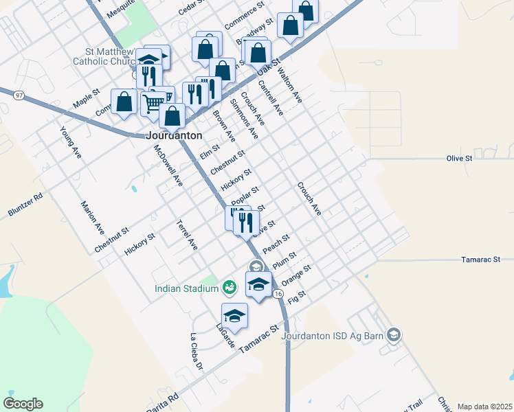 map of restaurants, bars, coffee shops, grocery stores, and more near 805 Palm Street in Jourdanton