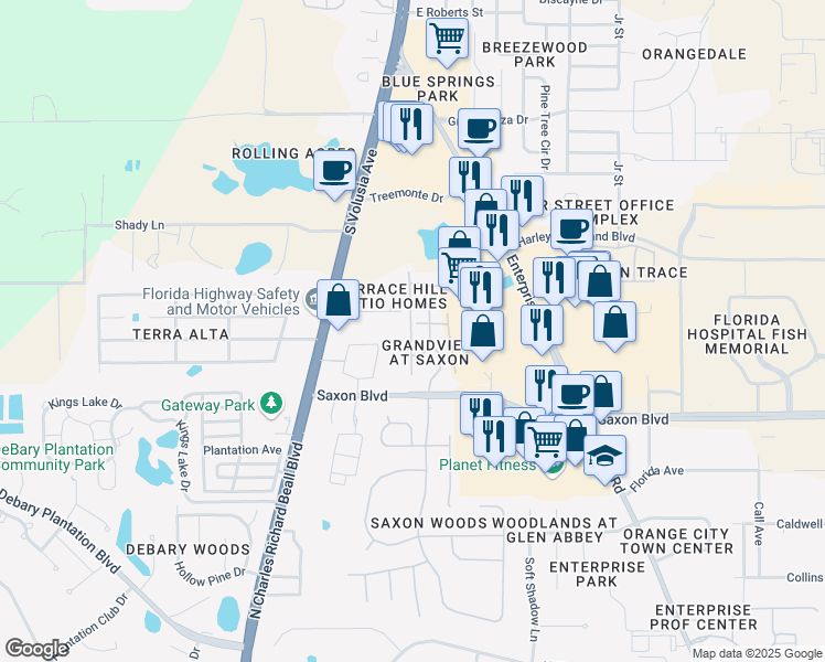 map of restaurants, bars, coffee shops, grocery stores, and more near 2630 Grande Isle Drive in Orange City