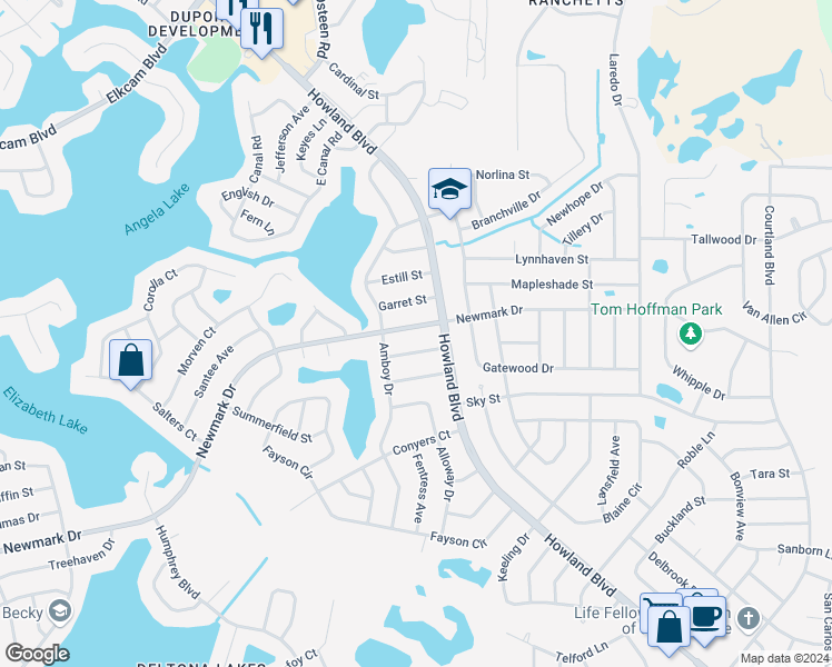map of restaurants, bars, coffee shops, grocery stores, and more near 2951 Newmark Drive in Deltona