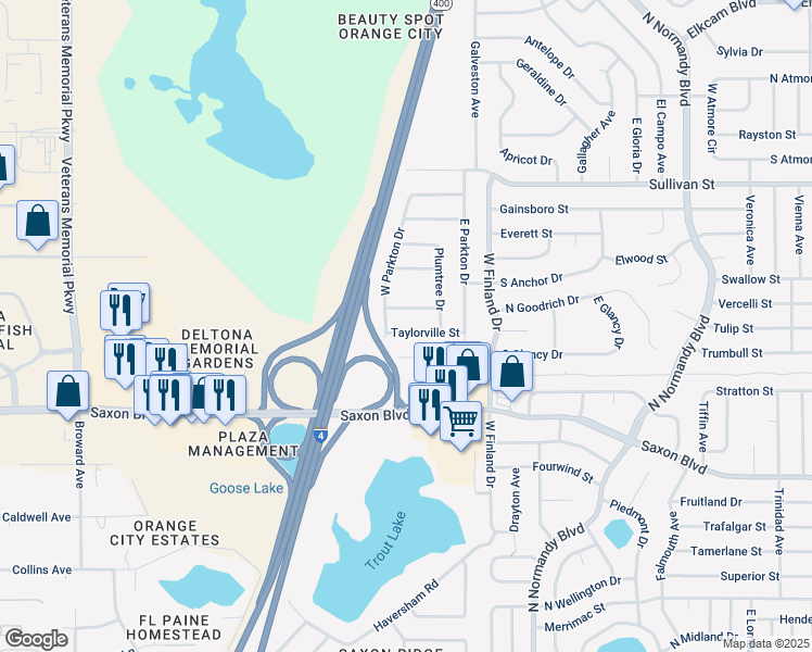 map of restaurants, bars, coffee shops, grocery stores, and more near 416 Taylorville Street in Deltona