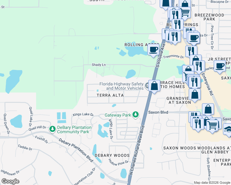 map of restaurants, bars, coffee shops, grocery stores, and more near 33 Maplehurst Avenue in DeBary