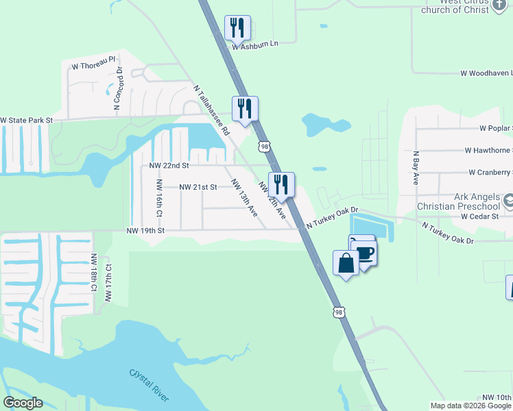 map of restaurants, bars, coffee shops, grocery stores, and more near 1941 Northwest 13th Avenue in Crystal River