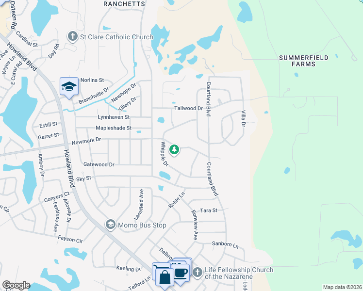map of restaurants, bars, coffee shops, grocery stores, and more near 3277 Newmark Drive in Deltona