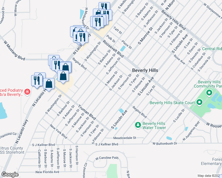 map of restaurants, bars, coffee shops, grocery stores, and more near South Jackson Street in Beverly Hills
