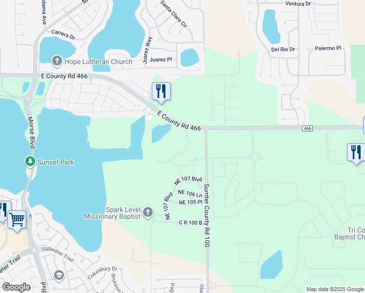 map of restaurants, bars, coffee shops, grocery stores, and more near 10814 County Road 466 in The Villages