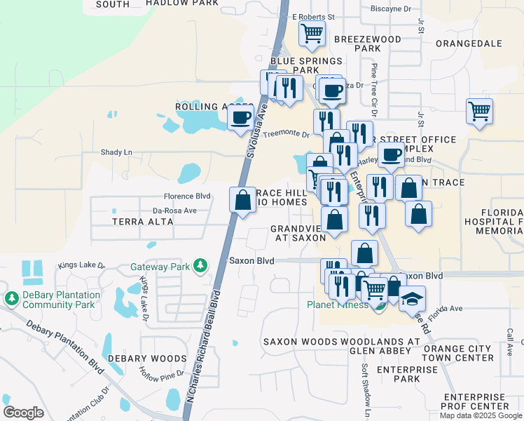 map of restaurants, bars, coffee shops, grocery stores, and more near 493 Alessandra Circle in Orange City