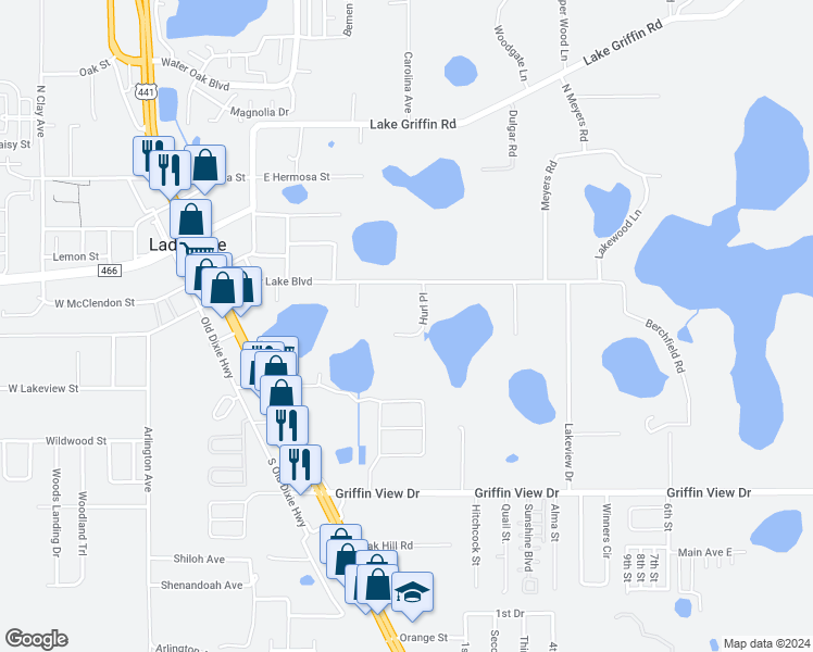 map of restaurants, bars, coffee shops, grocery stores, and more near 124 Hurl Place in Lady Lake