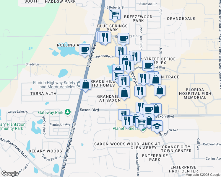 map of restaurants, bars, coffee shops, grocery stores, and more near 2630 Grande Isle Drive in Orange City