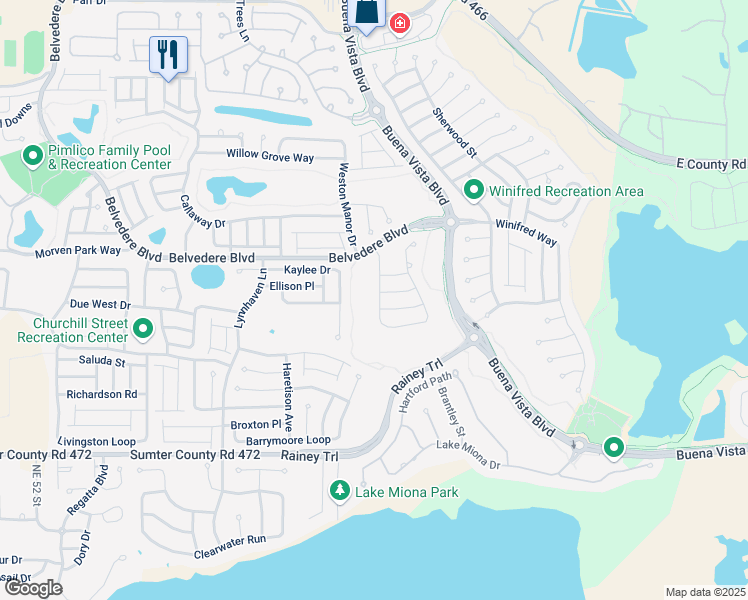 map of restaurants, bars, coffee shops, grocery stores, and more near 736 Castleberry Circle in The Villages