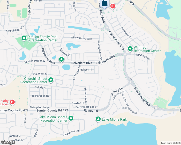 map of restaurants, bars, coffee shops, grocery stores, and more near 2107 Ellison Place in The Villages