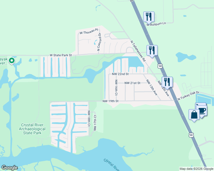 map of restaurants, bars, coffee shops, grocery stores, and more near 3735 North Hiawatha Terrace in Crystal River