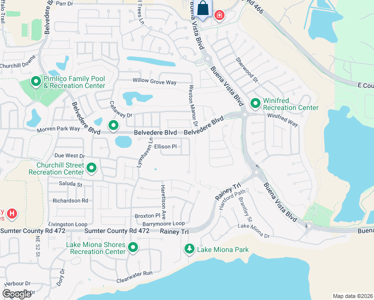 map of restaurants, bars, coffee shops, grocery stores, and more near 2107 Ellison Place in The Villages