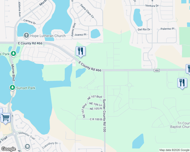 map of restaurants, bars, coffee shops, grocery stores, and more near 8911 East County Road 466 in The Villages