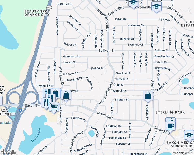 map of restaurants, bars, coffee shops, grocery stores, and more near 656 East Goodrich Drive in Deltona