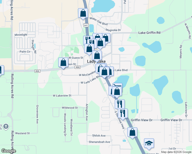 map of restaurants, bars, coffee shops, grocery stores, and more near 845 Teague Trail in Lady Lake