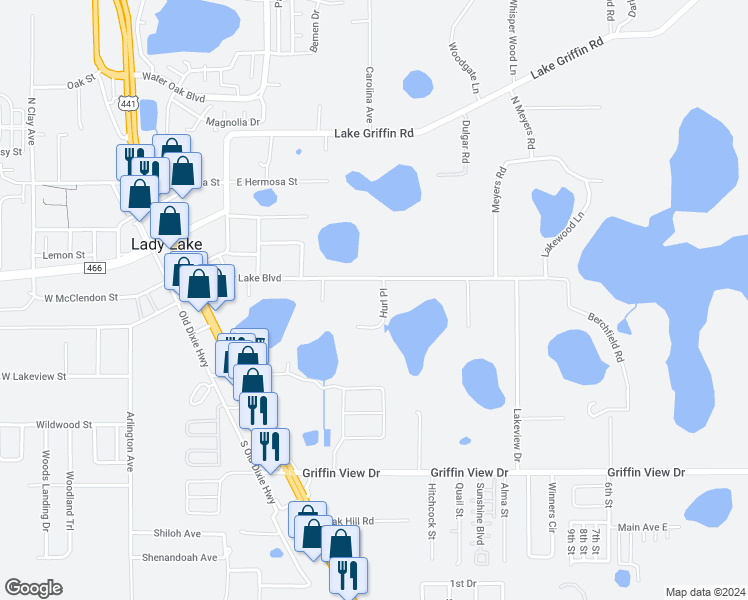 map of restaurants, bars, coffee shops, grocery stores, and more near 264 East Lady Lake Boulevard in Lady Lake