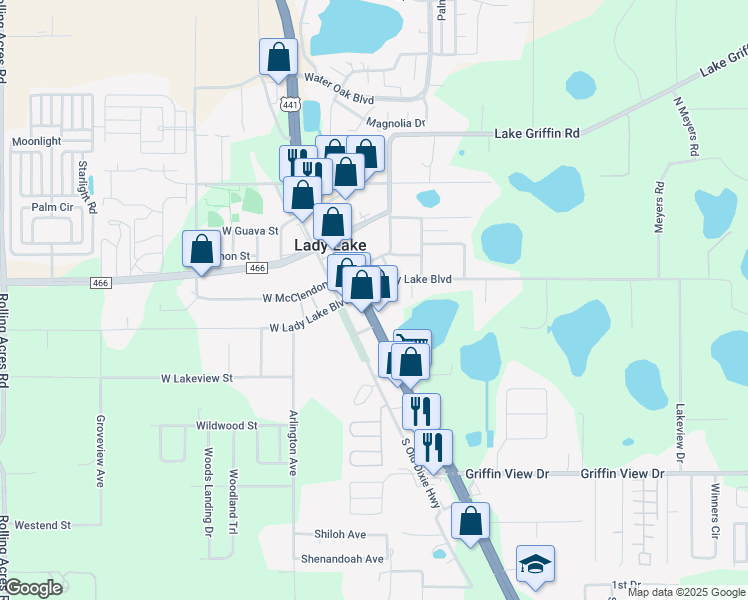 map of restaurants, bars, coffee shops, grocery stores, and more near 101 U.S. 441 in Lady Lake