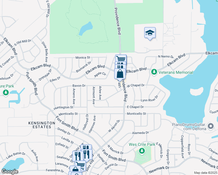 map of restaurants, bars, coffee shops, grocery stores, and more near 1745 Bavon Drive in Deltona