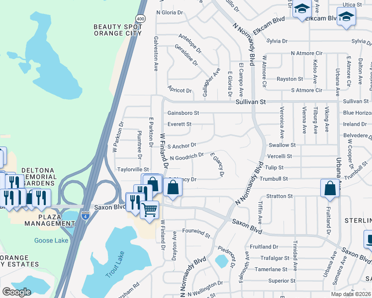 map of restaurants, bars, coffee shops, grocery stores, and more near 577 South Anchor Drive in Deltona