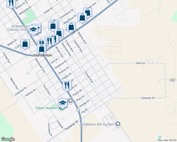 map of restaurants, bars, coffee shops, grocery stores, and more near 1106 Palm Street in Jourdanton