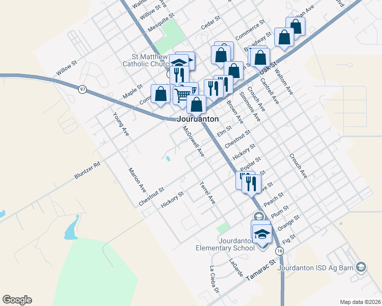 map of restaurants, bars, coffee shops, grocery stores, and more near 501 Elm Street in Jourdanton
