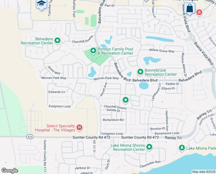 map of restaurants, bars, coffee shops, grocery stores, and more near 2463 Tatum Terrace in The Villages