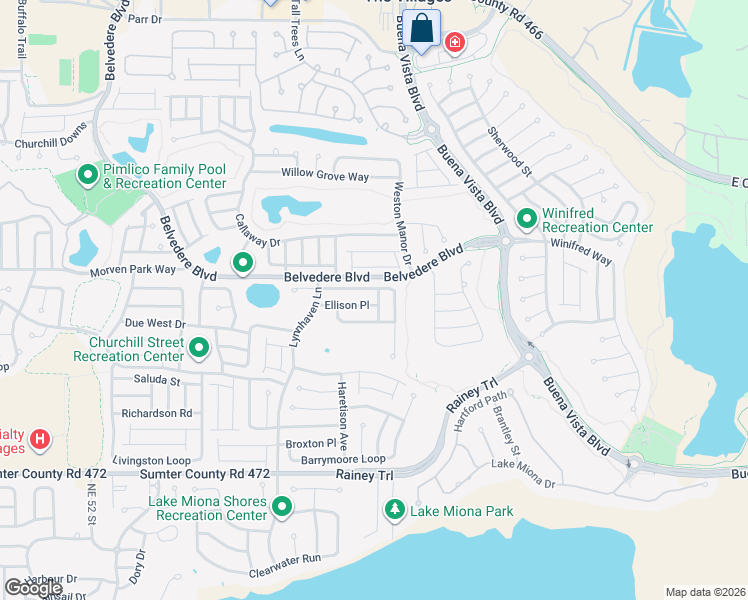 map of restaurants, bars, coffee shops, grocery stores, and more near 2107 Ellison Place in The Villages