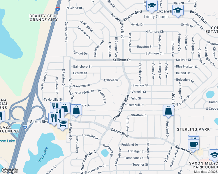 map of restaurants, bars, coffee shops, grocery stores, and more near 656 East Goodrich Drive in Deltona