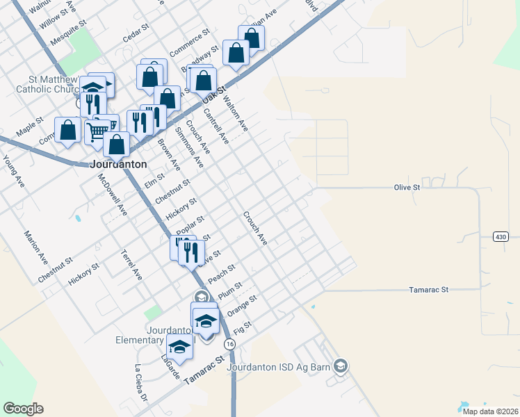map of restaurants, bars, coffee shops, grocery stores, and more near 1106 Palm Street in Jourdanton