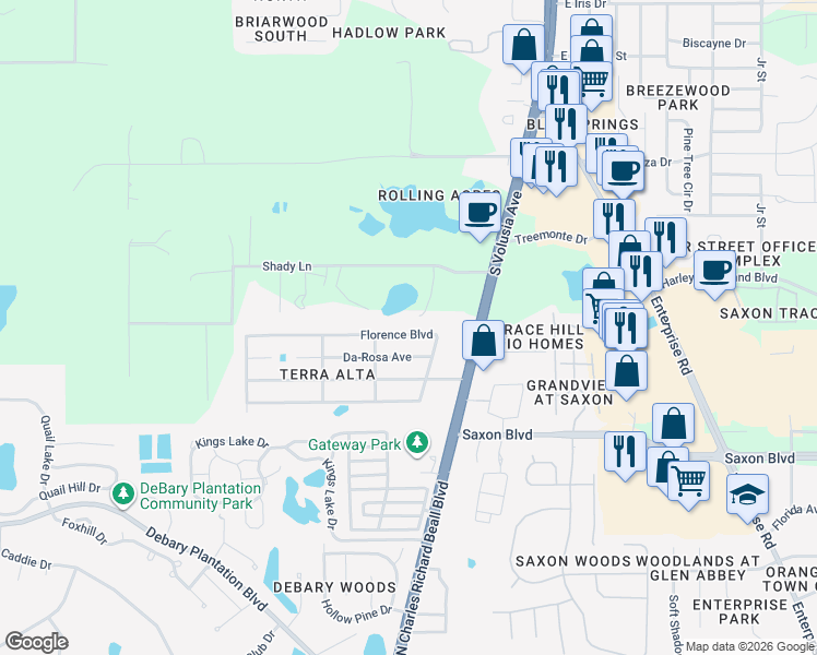map of restaurants, bars, coffee shops, grocery stores, and more near 127 Florence Boulevard in DeBary