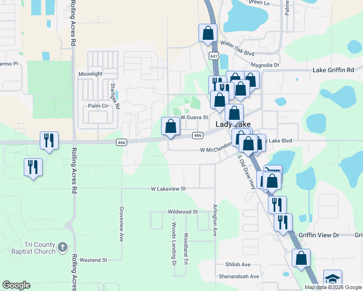 map of restaurants, bars, coffee shops, grocery stores, and more near 254 West McClendon Street in Lady Lake
