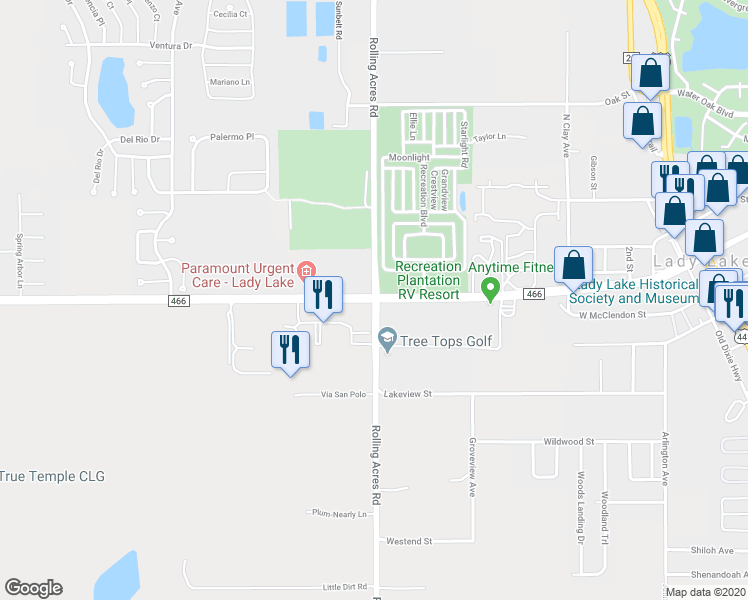 map of restaurants, bars, coffee shops, grocery stores, and more near 834 County Road 466 in Lady Lake