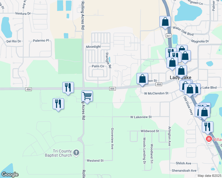 map of restaurants, bars, coffee shops, grocery stores, and more near 804 County Road 466 in Lady Lake