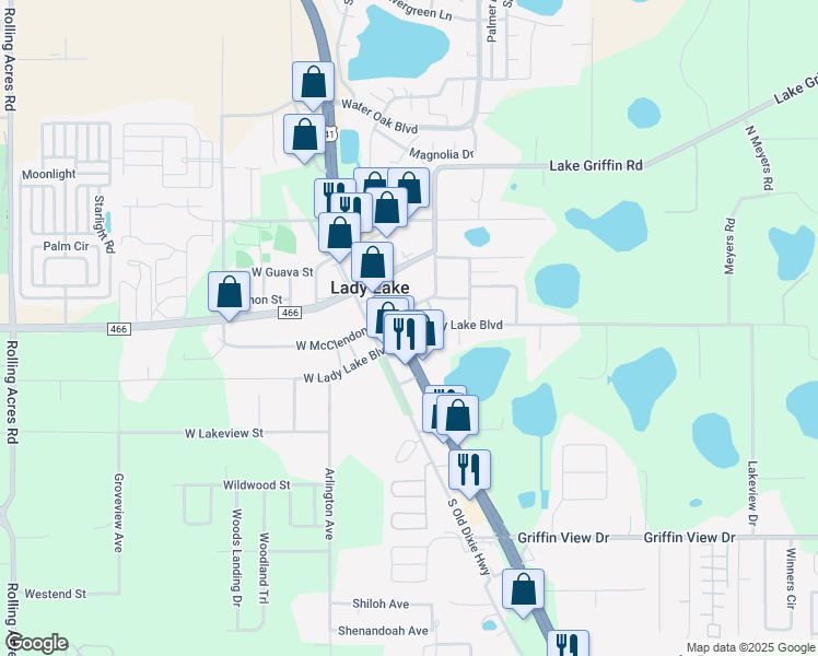 map of restaurants, bars, coffee shops, grocery stores, and more near 101 U.S. 441 in Lady Lake