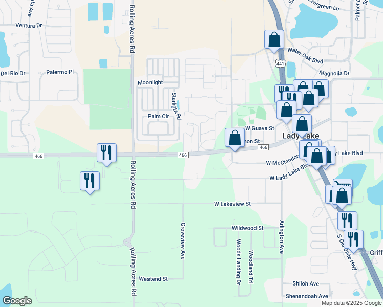 map of restaurants, bars, coffee shops, grocery stores, and more near in Lady Lake
