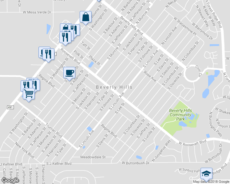 map of restaurants, bars, coffee shops, grocery stores, and more near South Fillmore Street in Beverly Hills
