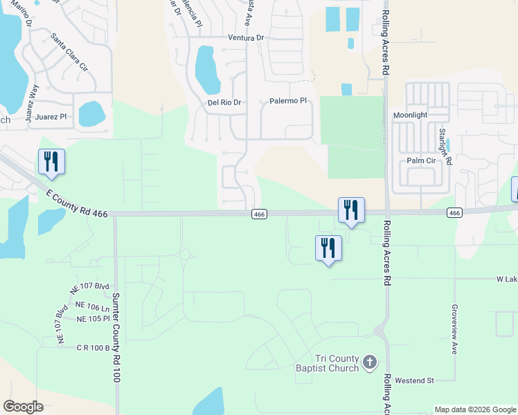 map of restaurants, bars, coffee shops, grocery stores, and more near 107 Costa Mesa Drive in Lady Lake