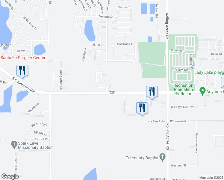 map of restaurants, bars, coffee shops, grocery stores, and more near 101 Costa Mesa Drive in Lady Lake
